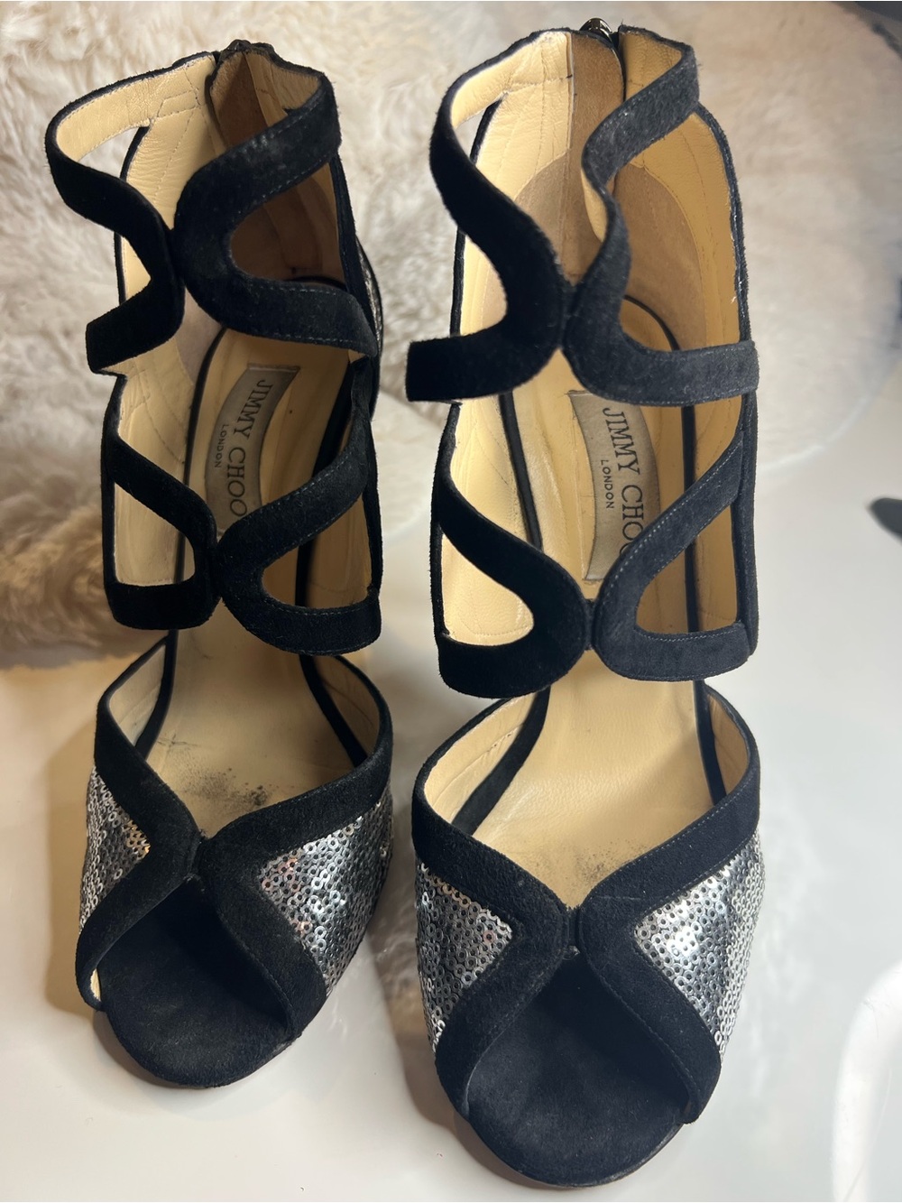 Jimmy Choo Black Suede Strappy Heels with Silver Sequin Toe